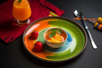 a vibrant treat on a dish with utensil and drink. Generative AI