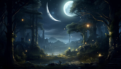 Obraz premium a forest scene with tall twisted trees and a crescent moon in the background