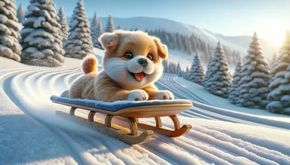Fotobehang A cute dog sledding down a snowy slope - Generative AI © lilyl