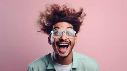 Portrait of a funny young man in glasses on a pink background.