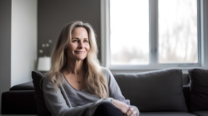 Portrait of a beautiful middle-aged woman sitting on a sofa at home