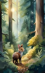 photo wallpapers for children. forest with animals. Watercolor, Generative AI 
