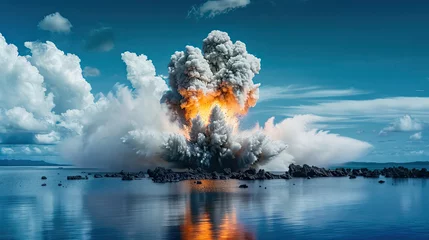 Foto op Canvas Bomb explosion in sea. Fire and smoke on water. explosion bomb in ocean. nuclear in sea © Nice Seven