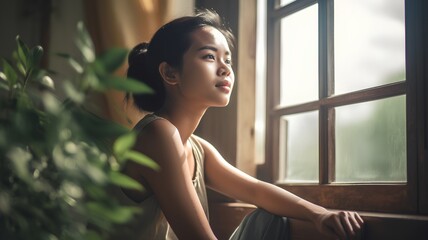 Beautiful young asian woman sitting on window sill and looking away - Powered by Adobe