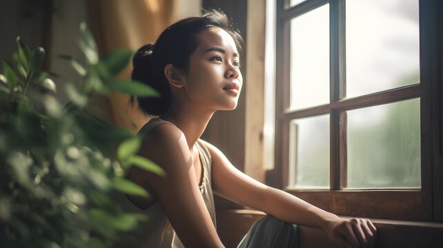 Beautiful Young Asian Woman Sitting On Window Sill And Looking Away