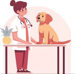 Veterinarian with animals Dog. Health check. Veterinarian giving medicine to farm animals. Agriculture industry, farming and animal husbandry healthcare and medical concept. Vector illustration