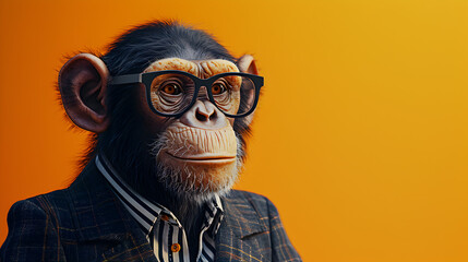 Cheerful Chimpanzee Wearing Glasses on Vibrant Orange Background