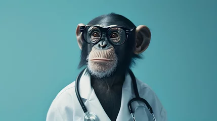 Poster Intelligent Monkey Doctor with Glasses on Blue Background © vanilnilnilla