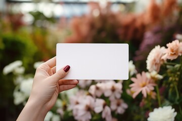 Hands with a plain card, diverse flowers and greenery in the backdrop.