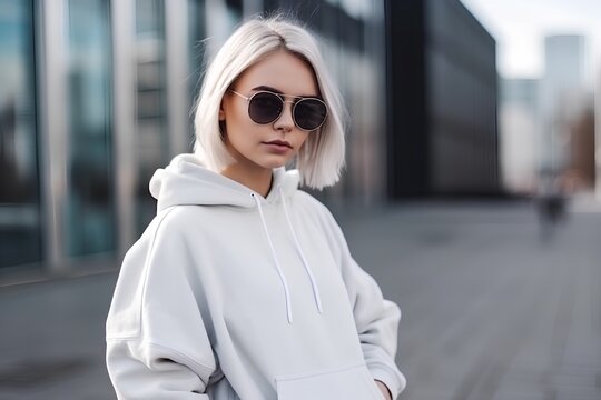 Portrait of a beautiful young woman in a white sweatshirt and sunglasses