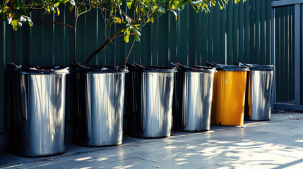 full dustbins for sorting trash on the backyard - obrazy, fototapety, plakaty
