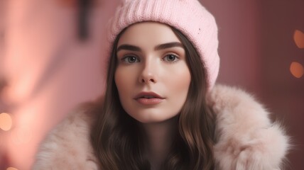 Portrait of a beautiful girl in a pink hat and fur coat