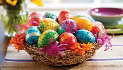 Fototapeta na wymiar colorful ribbons to the basket handle and around the eggs for a festive and polished look
