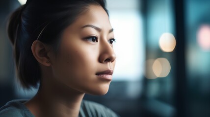 Portrait of a beautiful Asian woman looking away in the office. - Powered by Adobe