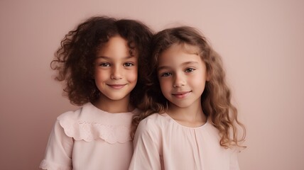 Two cute little girls with curly hair posing in studio on pink background
