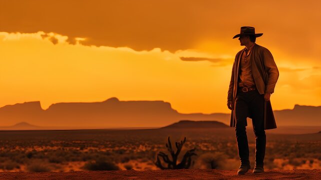Cowboy in the desert at sunset, USA. 3d rendering