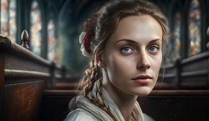 Portrait of a beautiful young woman with braids in a medieval church.