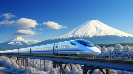 sleek bullet train speeds along with Japan's iconic Mount Fuji in the background