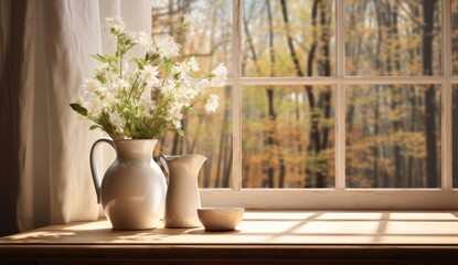 Bright bouquet on window overlooking summer landscape.