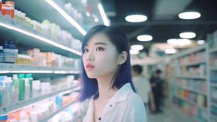 Beautiful asian young woman shopping in drugstore or supermarket