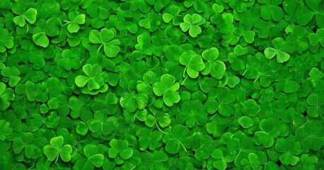 Green shamrock background. Top view with copy space. For design, flyer, postcard. The concept of St. Patrick's Day is associated with either Irish culture or the myths of leprechauns. - obrazy, fototapety, plakaty