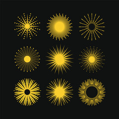 Golden like abstract isolated round sunburst decorative icons and design elements set on black background