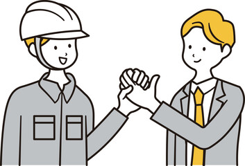 建築現場で働く男性と男性会社員が手を握るイラスト素材