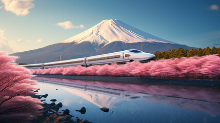 sleek bullet train speeds along with Japan iconic Mount Fuji in the background - obrazy, fototapety, plakaty