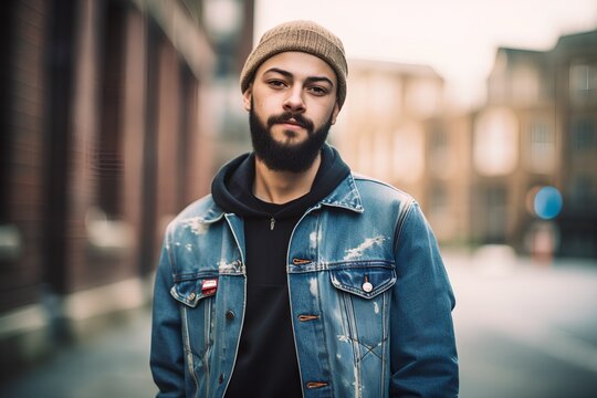 young handsome bearded hipster man outdoor in the city on the street