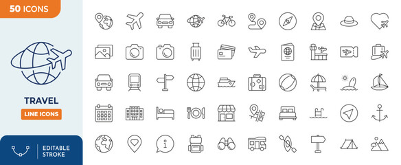 Travel Line Editable Icons set.Vector illustration in modern thin line style of tourism related icons: travel, types of tourism, tourist transport, locations, etc. Isolated on white - obrazy, fototapety, plakaty