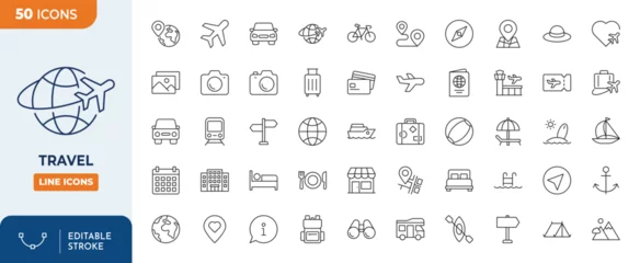 Deurstickers Travel Line Editable Icons set.Vector illustration in modern thin line style of tourism related icons: travel, types of tourism, tourist transport, locations, etc. Isolated on white © Cetacons