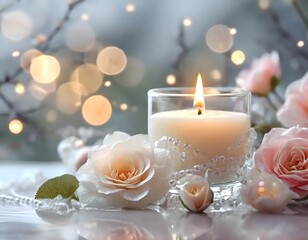 Obraz na płótnie Canvas Elegant White Roses and Candlelight for a Relaxing Night a candle and some flowers on a table