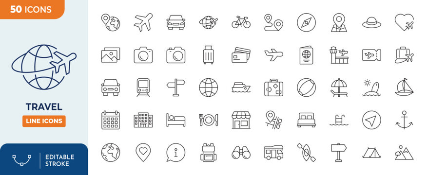 Travel Line Editable Icons set.Vector illustration in modern thin line style of tourism related icons: travel, types of tourism, tourist transport, locations, etc. Editable stroke. Vector illustration