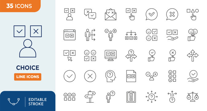 Choice Icons set. Vector illustration in thin line modern style of decision related icons: making choice, strategy, variety, and more. Editable stroke. Vector illustration