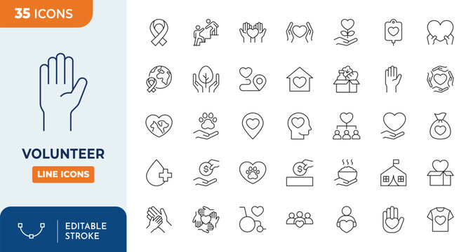 Volunteering Line Editable Icons set. Vector illustration in modern thin line style of charity related icons: donation, helping homeless animals, caring for the elderly, and more. Vector illustration