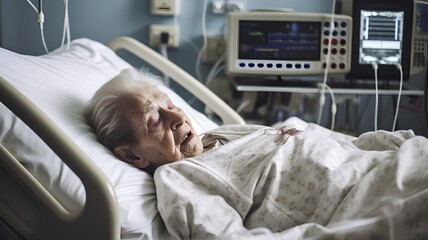 Elderly woman patient lying in hospital bed and looking at camera