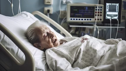 Fotobehang Elderly woman patient lying in hospital bed and looking at camera © Ai