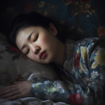 Portrait of beautiful asian woman sleeping in bed, vintage tone