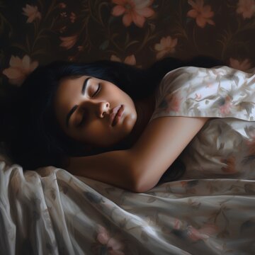 Beautiful young woman sleeping in bed with floral background. 3d rendering