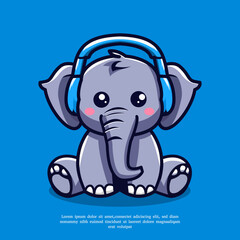 Cute elephant wearing headset mascot vector logo illustration