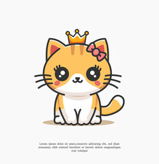 Cute Cat Wearing Ribbon and Crown Mascot Logo Illustration