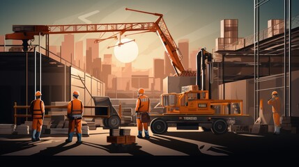 A Vector illustration of builders, construction site, workers - obrazy, fototapety, plakaty