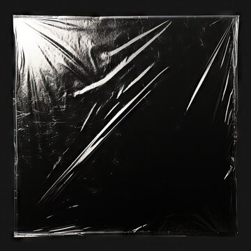 Black vinyl record album cover wrapped in transparent plastic  isolated on white background