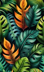 Beautiful pattern of tropical leaves. Wall decor. A mural for the room. Photo wallpapers for the interior. Tropical pattern of different leaves. Painted, Generative AI 
