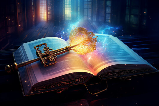 A magical book open with a magical key