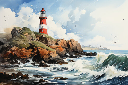watercolor red and white lighthouse in the ocean with great waves and blue sky ,Original oil painting of lighthouse and storm in ocean on canvas.