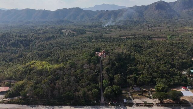 Aerial view of Wat Akkho Chai Khiri temple an iconic landmark in Chae Hom district, Lampang province of Thailand. This temple built in 1887 AD in Lanna period.