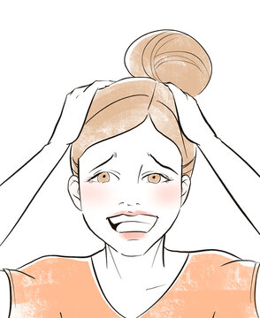 Woman in pink shirt holding her head