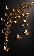 Photo wallpaper, wallpaper, mural design in the loft, classic, modern style. Willow branches with gold butterflies on a dark concrete grunge wall, Generative AI 
