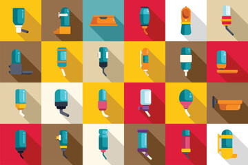 Drinker for dogs icons set flat vector. Food home water. Crate travel